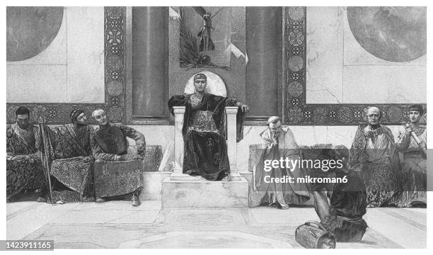 old engraved illustration of justinian i or justinian the great and his council - emperor justinian stock pictures, royalty-free photos & images