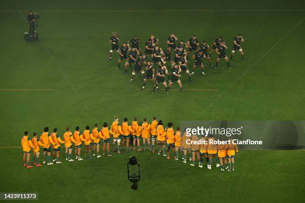 Spidercam is seen as the All Blacks perform the Haka during The Rugby Championship & Bledisloe Cup match between the Australia Wallabies and the New...