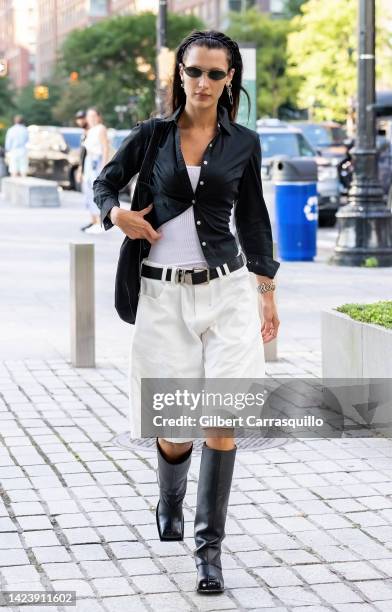 Model Bella Hadid is seen arriving to the Tom Ford fashion show during September 2022 New York Fashion Week at Skylight on Vesey on September 14,...