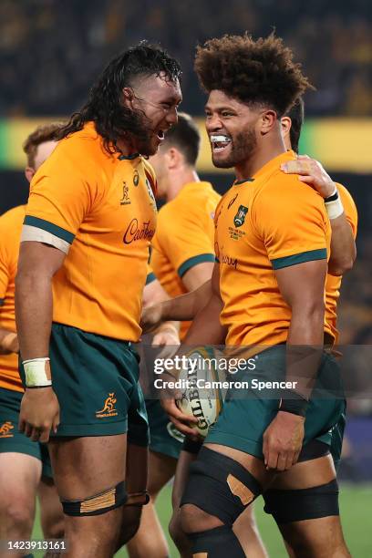 Rob Valetini of the Wallabies celebrates scoring a try with Rob Leota of the Wallabies during The Rugby Championship & Bledisloe Cup match between...