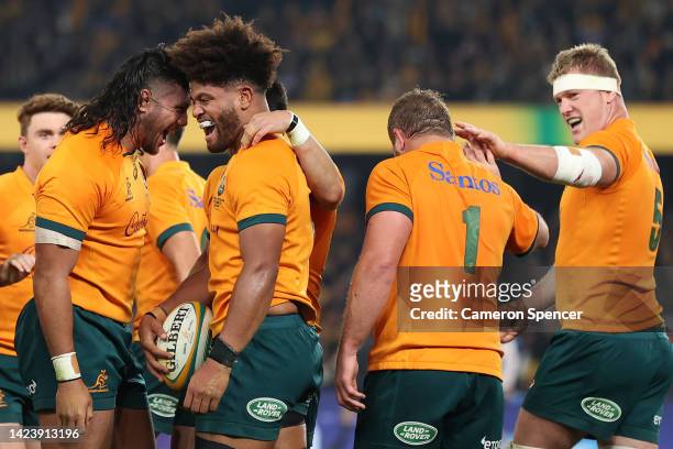 Rob Valetini of the Wallabies celebrates scoring a try with Rob Leota of the Wallabies during The Rugby Championship & Bledisloe Cup match between...