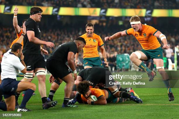 Rob Valetini of the Wallabies scores a try as Matt Philip of the Wallabies celebrates during The Rugby Championship & Bledisloe Cup match between the...