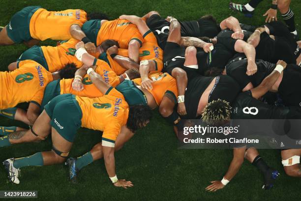 Wallabies and All Blacks players pack a scrum during The Rugby Championship & Bledisloe Cup match between the Australia Wallabies and the New Zealand...