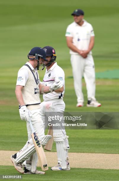 Mark Stoneman and Sam Robson of Middlesex fist pump at the wicket during the LV= Insurance County Championship match between Middlesex and Glamorgan...