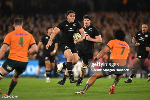 Caleb Clarke of the All Blacks runs the ball during The Rugby Championship & Bledisloe Cup match between the Australia Wallabies and the New Zealand...