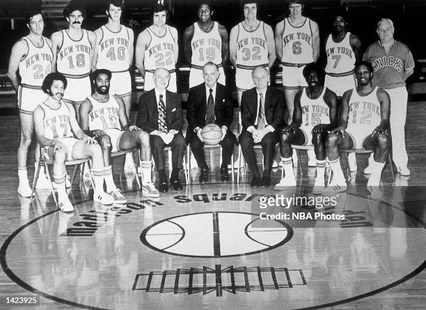 The 1972-73 World Champions of basketball New York Knicks pose for a team portrait at Madison Square Garden in New York, NY in 1973. Front row :...