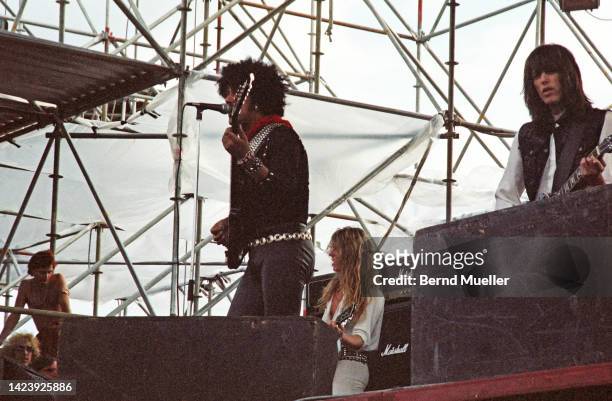 Phil Lynott, John Sykes and Scott Gorham of Thin Lizzy perform on stage at Monsters Of Rock festival, Zeppelinfeld, Nurnberg, Germany, 4th September...