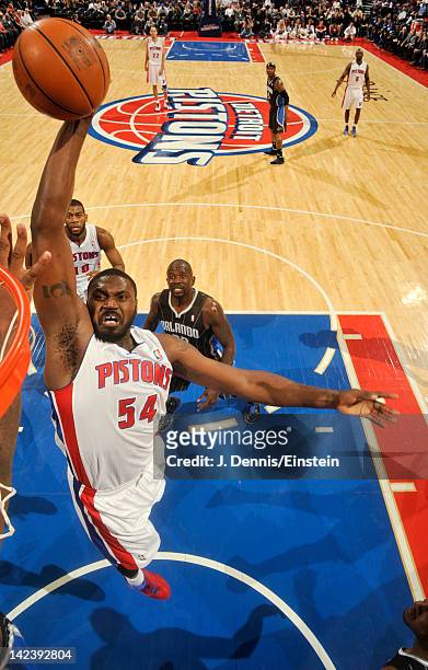 Jason Maxiell of the Detroit Pistons goes to the basket during the game against the Orlando Magic on April 3, 2012 at The Palace of Auburn Hills in...