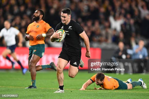 Will Jordan of the All Blacks dives over to score a try during The Rugby Championship & Bledisloe Cup match between the Australia Wallabies and the...