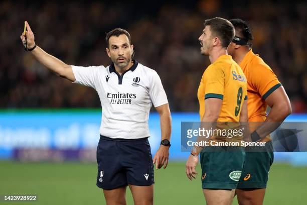 Jake Gordon of the Wallabies receives a yellow card from referee Mathieu Raynal during The Rugby Championship & Bledisloe Cup match between the...
