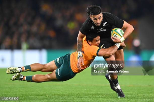 Rieko Ioane of the All Blacks charges forward during The Rugby Championship & Bledisloe Cup match between the Australia Wallabies and the New Zealand...