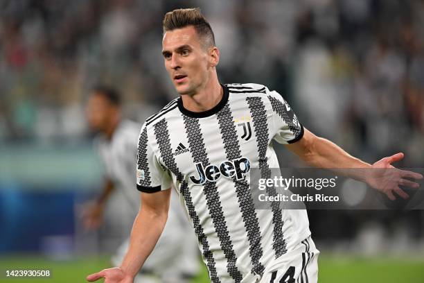 Arkadiusz Milik of Juventus celebrates goal during the UEFA Champions League group H match between Juventus and SL Benfica at Allianz Stadium on...