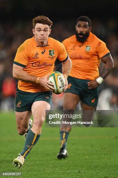 Andrew Kellaway of the Wallabies makes a break during The Rugby Championship & Bledisloe Cup match between the Australia Wallabies and the New...
