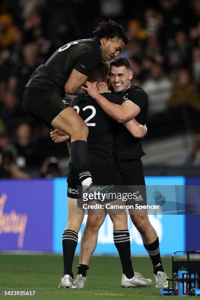 Will Jordan of the All Blacks celebrates scoring a try during The Rugby Championship & Bledisloe Cup match between the Australia Wallabies and the...