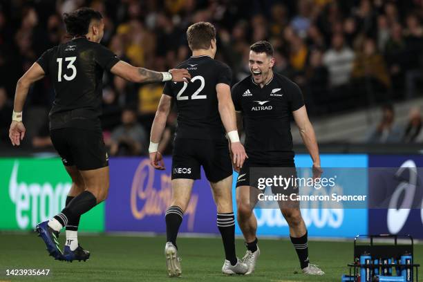 Will Jordan of the All Blacks celebrates scoring a try during The Rugby Championship & Bledisloe Cup match between the Australia Wallabies and the...