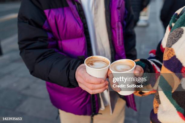 cheers to coffee! - disposable cup stock pictures, royalty-free photos & images