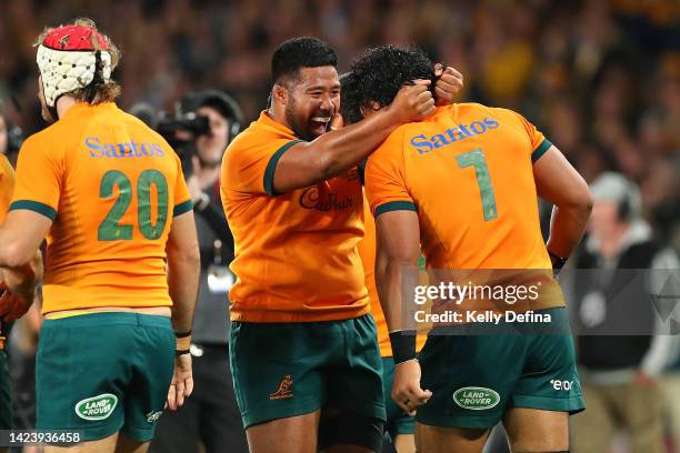 Folau Fainga'a of the Wallabies celebrates with Pete Samu of the Wallabies after his try during The Rugby Championship & Bledisloe Cup match between...