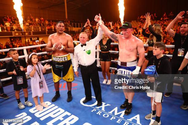 Paul Gallen celebrates after winning against Justin Hodges during their bout at Nissan Arena on September 15, 2022 in Brisbane, Australia.