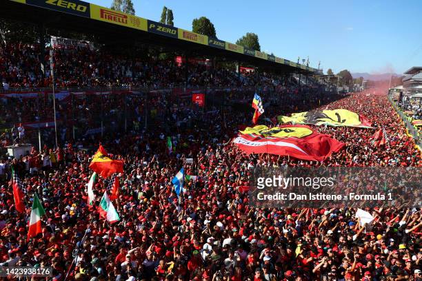 Fans pack the main straight to watch the podium celebrations after the F1 Grand Prix of Italy at Autodromo Nazionale Monza on September 11, 2022 in...