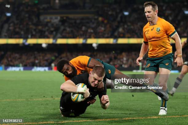 Jordie Barrett of the All Blacks scores the match winning try during The Rugby Championship & Bledisloe Cup match between the Australia Wallabies and...