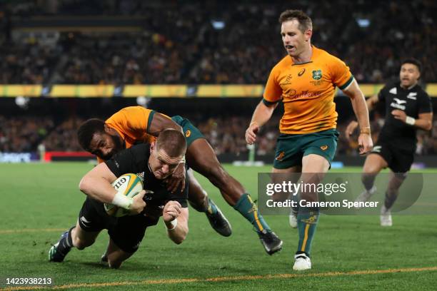 Jordie Barrett of the All Blacks scores the match winning try during The Rugby Championship & Bledisloe Cup match between the Australia Wallabies and...