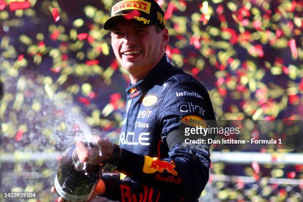 Race winner Max Verstappen of the Netherlands and Oracle Red Bull Racing celebrates on the podium after the F1 Grand Prix of Italy at Autodromo...