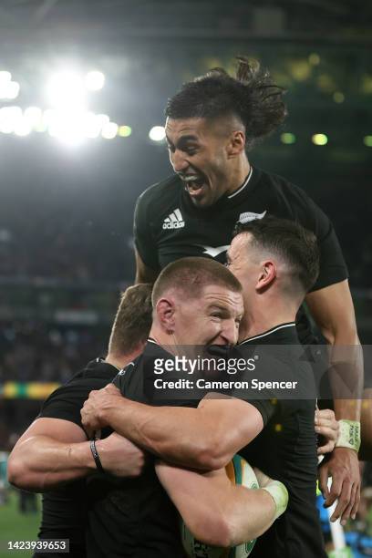 Jordie Barrett of the All Blacks celebrates with teammates after scoring the match winning try during The Rugby Championship & Bledisloe Cup match...