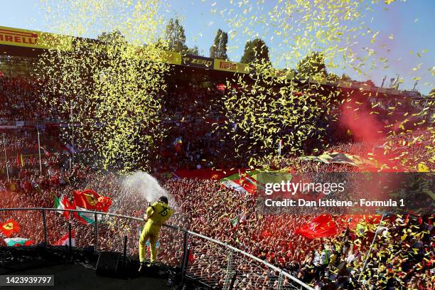 Second placed Charles Leclerc of Monaco and Ferrari celebrates on the podium after the F1 Grand Prix of Italy at Autodromo Nazionale Monza on...