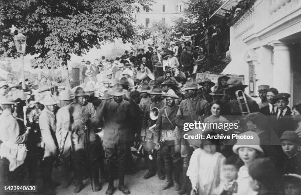 Military band of African American soldiers from the 92nd Infantry Divison of the American Expeditionary Forces prepare to perform surrounded by...