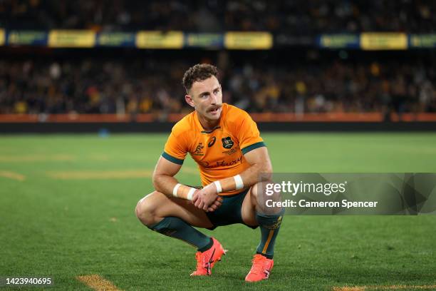 Nic White of the Wallabies looks dejected after a loss during The Rugby Championship & Bledisloe Cup match between the Australia Wallabies and the...