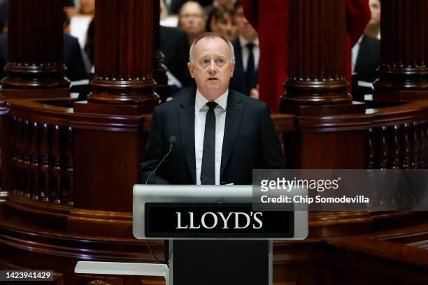 Lloyd's of London CEO John Neal delivers remarks honoring the life of Queen Elizabeth II during a remembrance ceremony in the atrium in the...
