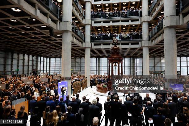 Lloyd's of London CEO John Neal delivers remarks honoring the life of Queen Elizabeth II during a remembrance ceremony in the atrium in the...