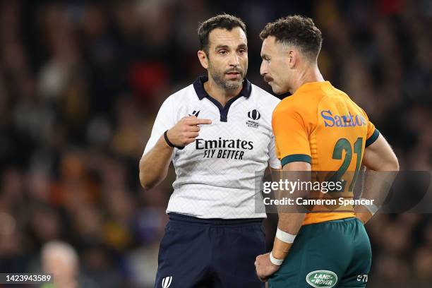 Referee Mathieu Raynal speaks to Nic White of the Wallabies during The Rugby Championship & Bledisloe Cup match between the Australia Wallabies and...