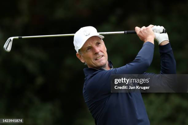 David Higgins of the Great Britain & Ireland PGA Cup Team in action prior to the 2022 PGA Cup at Foxhills Golf Course on September 15, 2022 in...