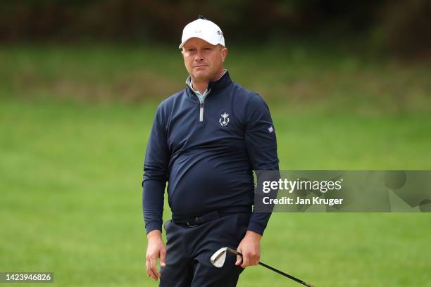 Greig Hutcheon of the Great Britain & Ireland PGA Cup Team in action prior to the 2022 PGA Cup at Foxhills Golf Course on September 15, 2022 in...