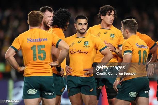 Tom Wright of the Wallabies looks on during The Rugby Championship & Bledisloe Cup match between the Australia Wallabies and the New Zealand All...