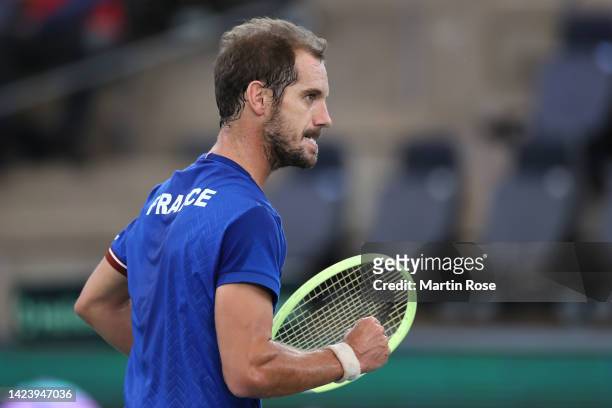 Richard Gasquet of France reacts during the Davis Cup Group Stage 2022 Hamburg match between France and Australia at Rothenbaum on September 15, 2022...