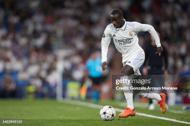 Ferland Mendy of Real Madrid CF controls the ball during the UEFA Champions League group F match between Real Madrid and RB Leipzig at Estadio...