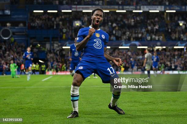 Raheem Sterling of Chelsea celebrates after scoring during the UEFA Champions League group E match between Chelsea FC and FC Salzburg at Stamford...
