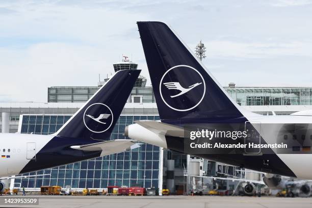 Lufthansa tails pictured at Munich Airport Franz-Joseph-Strauss International on September 15, 2022 in Erding, Germany.