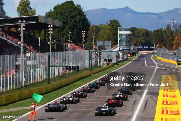 Rear view of the start of the F1 Grand Prix of Italy at Autodromo Nazionale Monza on September 11, 2022 in Monza, Italy.