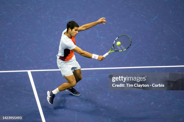 September 11: Carlos Alcaraz of Spain in action against Casper Ruud of Norway in the Men's Singles Final on Arthur Ashe Stadium during the US Open...