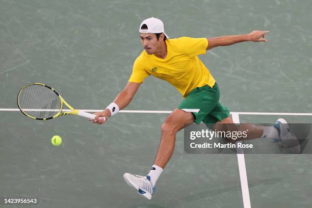 Jason Kubler of Australia plays a forehand to Richard Gasquet of France during the Davis Cup Group Stage 2022 Hamburg match between France and...