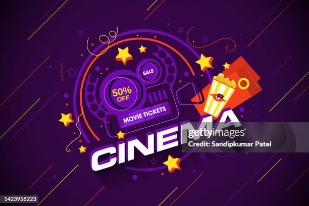 colorful poster cinema with popcorn, a ticket - movie reel background stock illustrations