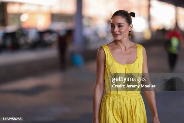 Olivia Palermo is seen wearing a yellow Jason Wu long dress, outside Jason Wu show, during New York Fashion Week on September 10, 2022 in New York...