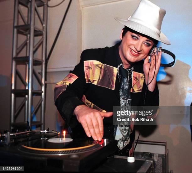 Singer Boy George was the D.J. And spun records for invited guests at private party event, May 15, 2001 in Hollywood section of Los Angeles,...