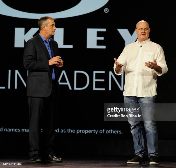 Brian Krzanich, Intel's Chief Executive Officer is joined on stage by Colin Baden, CEO of Oakley to discuss wearable items, January 6, 2015 in Las...