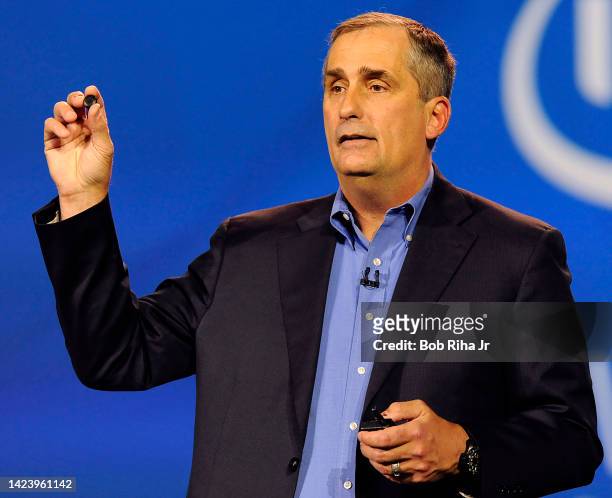 Brian Krzanich, Intel's Chief Executive Officer unveils the Intel Curie module at 2015 International CES, January 6, 2015 in Las Vegas, Nevada.
