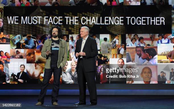 Counting Crows singer Adam Duritz with Intel Chairman Craig Barrett as they launch a global campaign to raise awareness and money to educate kids and...