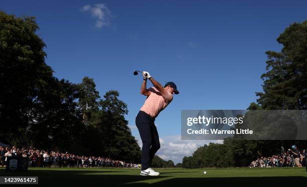 Rory McIlroy of Northern Ireland tees off on the 15th hole during Day Three of the BMW PGA Championship at Wentworth Golf Club on September 10, 2022...